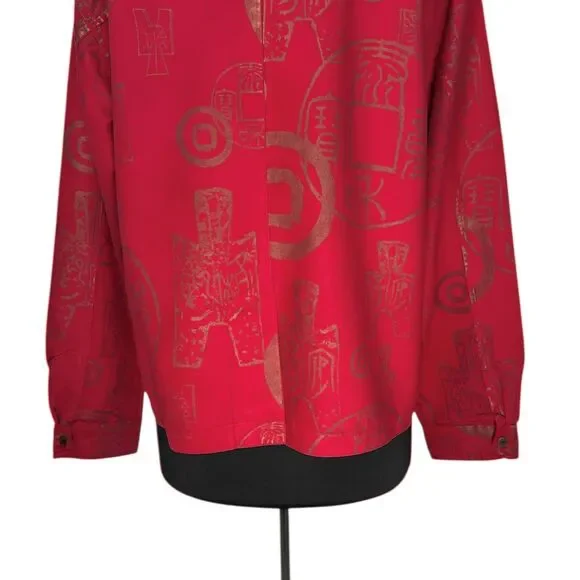 Chico’s Women’s 3 XL 16 Red Bronze Asian Symbol Faux Suede Button Up Artwear Top - Picture 8 of 9